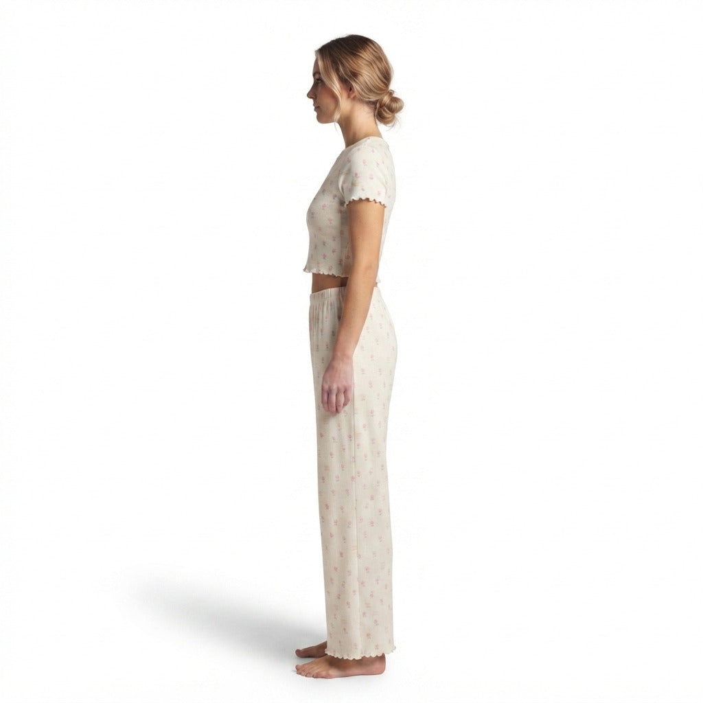 JOANNA 281882BT 2-Piece Pajama Set Short Sleeve Crop Top and Pants Soft Comfortable Sleepwear for Women