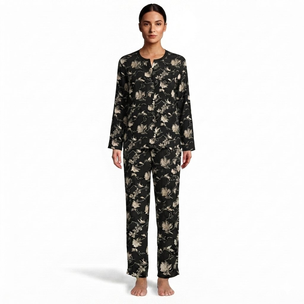 A woman stands barefoot against a plain white studio background wearing a long-sleeve pajama set with a black base and an allover beige floral print.