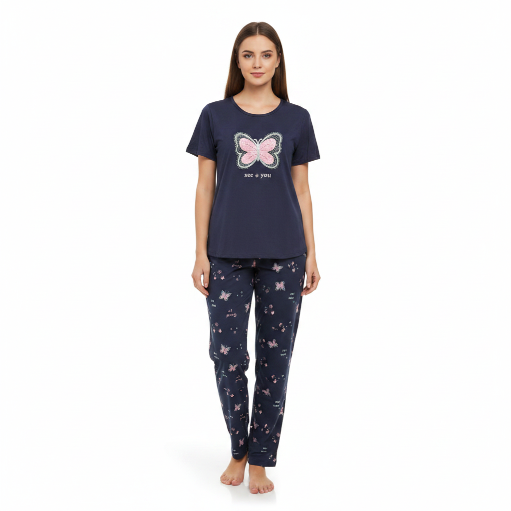 A woman modeling a navy blue two-piece pajama set. The short-sleeve top features a pink and white butterfly graphic with the text 'I love you' underneath.