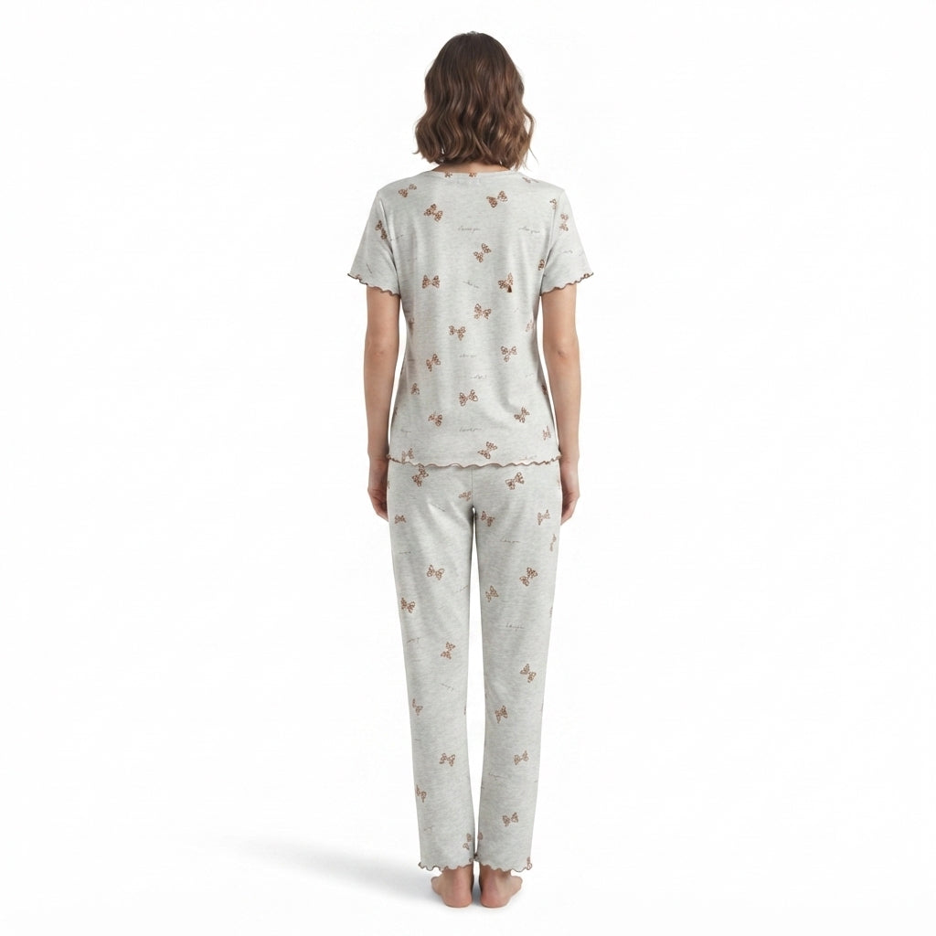 JOANNA F246668BT Women's 2-Piece Bow Print Short Sleeve Pajama Set with Lettuce Edge