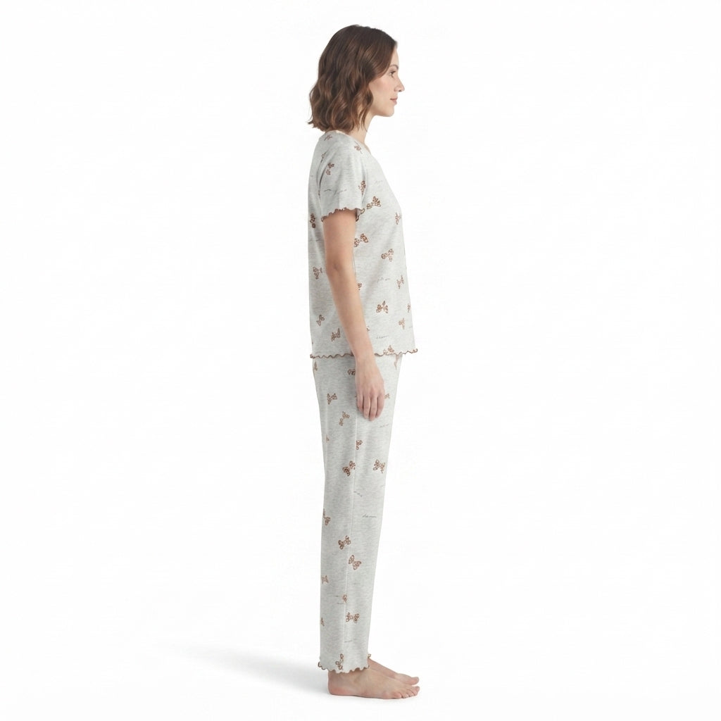 JOANNA F246668BT Women's 2-Piece Bow Print Short Sleeve Pajama Set with Lettuce Edge