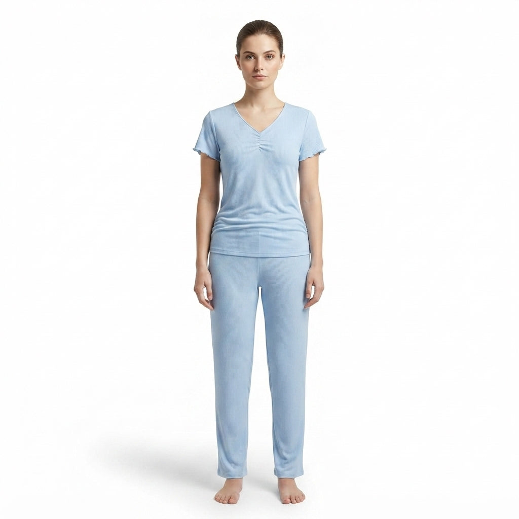 JOANNA F281406BT Women's 2-Piece Short Sleeve V-Neck Ribbed Pajama Set