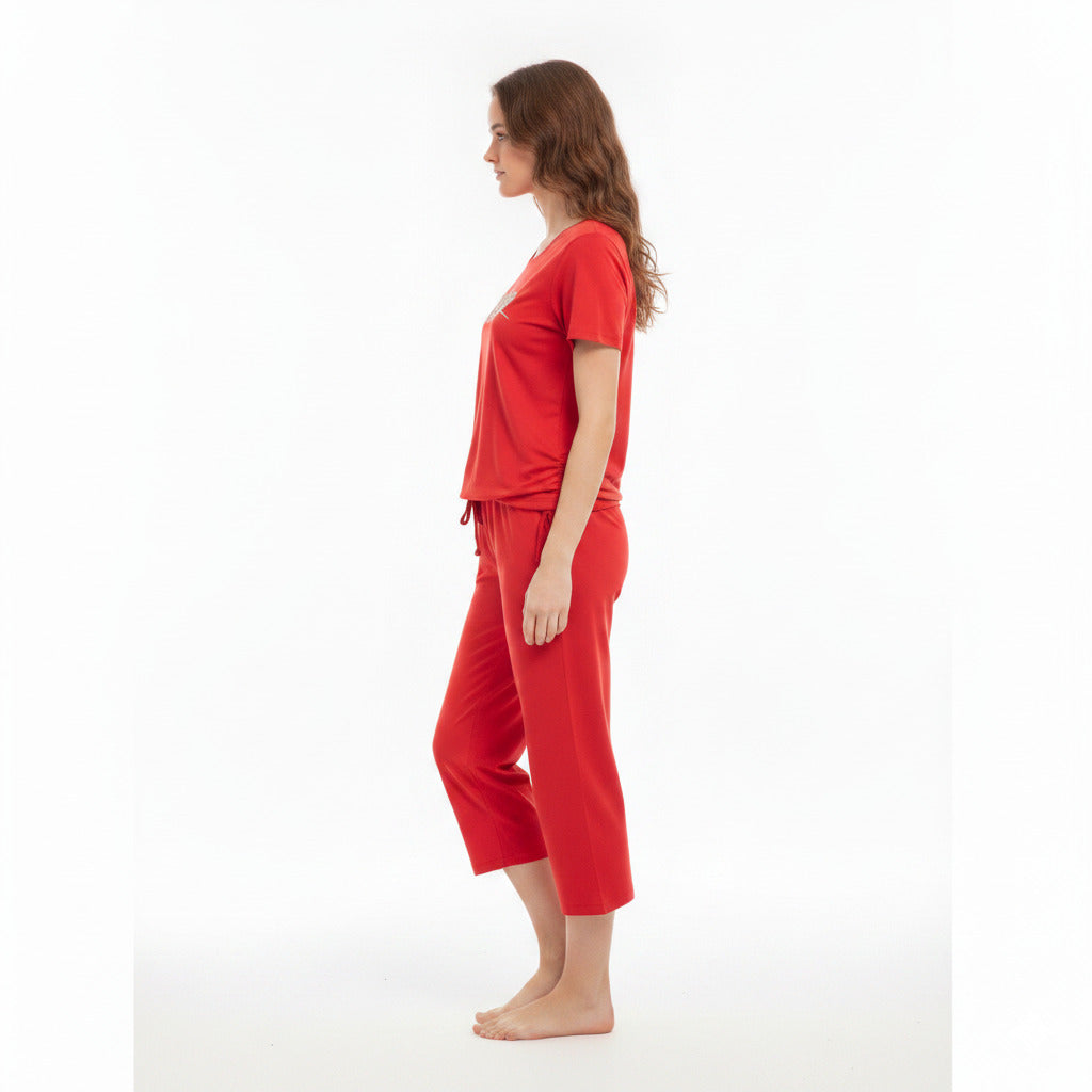 JOANNA 281917-1T 2-Piece Pajama Set Short Sleeve Heart Print Top and Capri Pants Soft Sleepwear