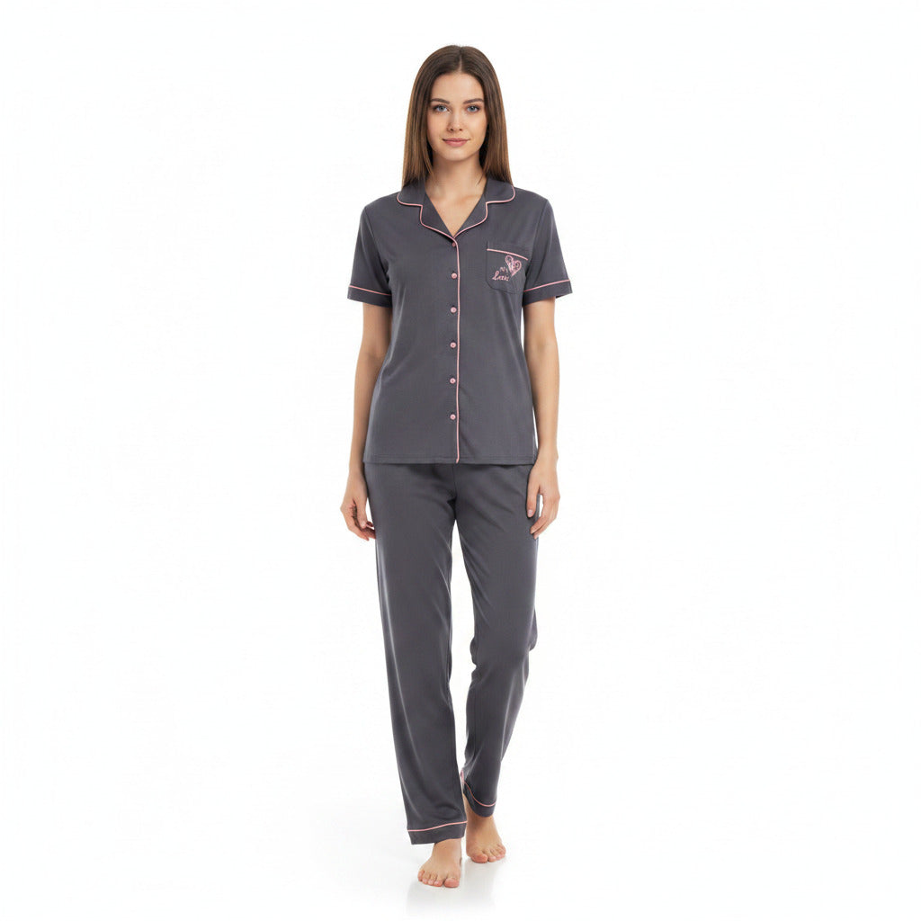 JOANNA F281404BT Women's 2-Piece Short Sleeve Pajama Set with Contrast Piping