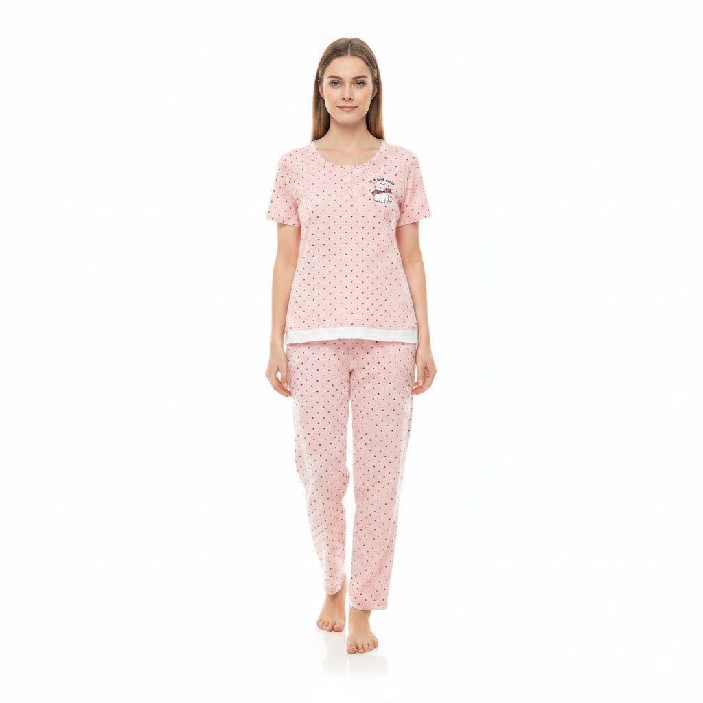 JOANNA F246666BT Women's 2-Piece Short Sleeve Polka Dot Henley Pajama Set