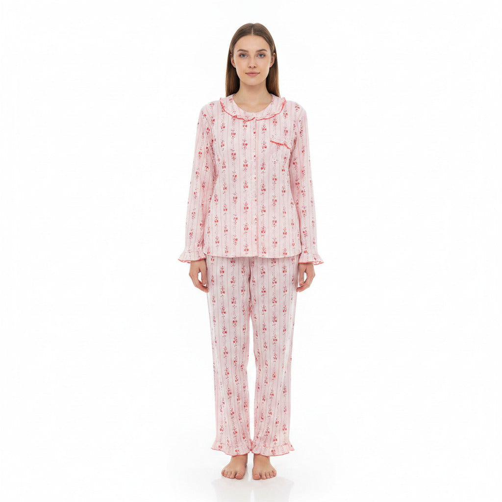 JOANNA 291363 Women's 2-Piece Long Sleeve Frill Trim Pajama Set