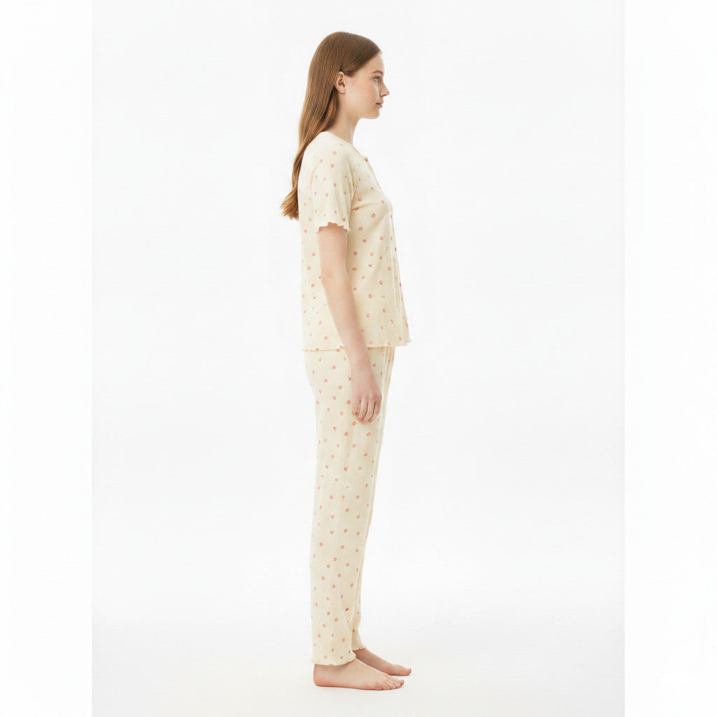 JOANNA 281881BT 2-Piece Pajama Set Short Sleeve Button-Front Top and Pants Soft Printed Sleepwear for Women