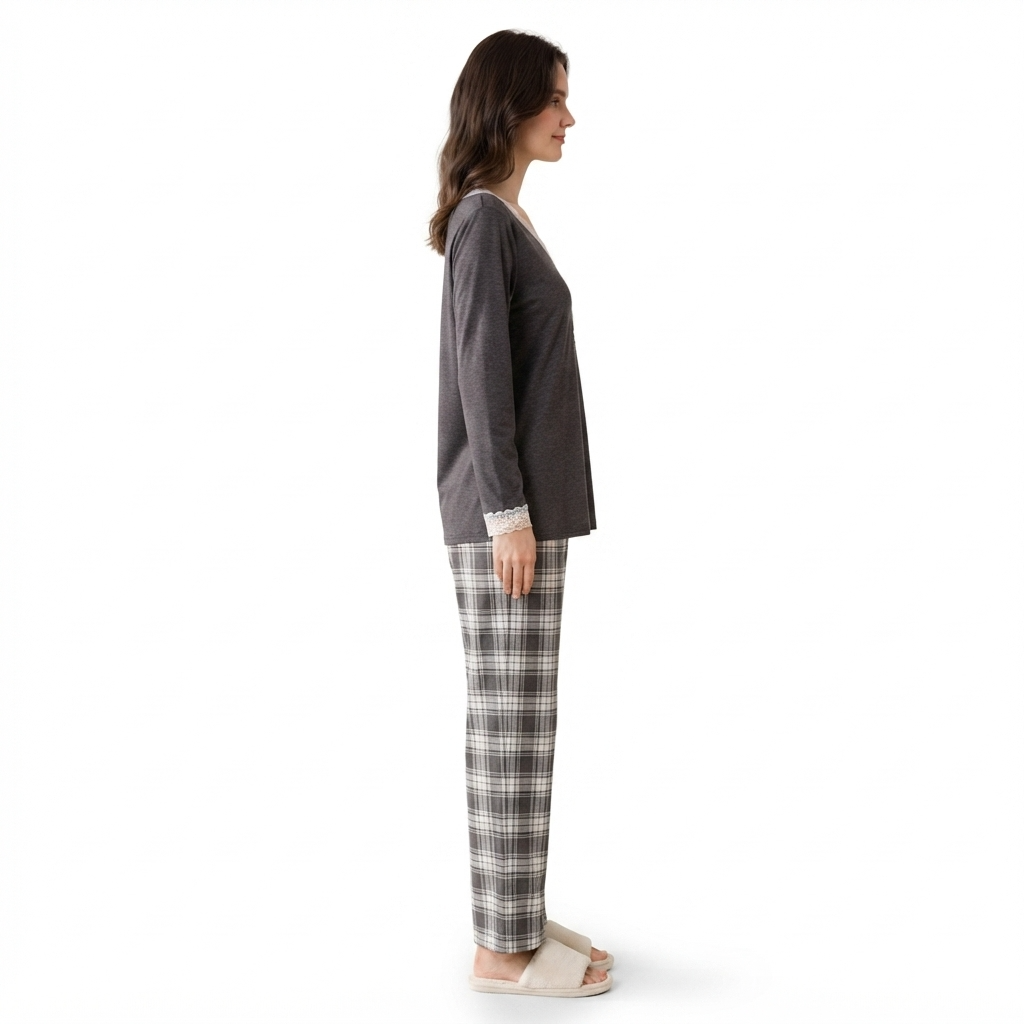 JOANNA 246696T Long Sleeve Pajama Set with Plaid Trousers