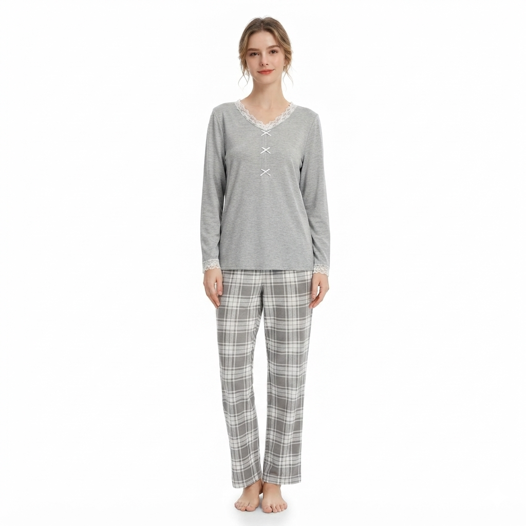 JOANNA 246696T Long Sleeve Pajama Set with Plaid Trousers