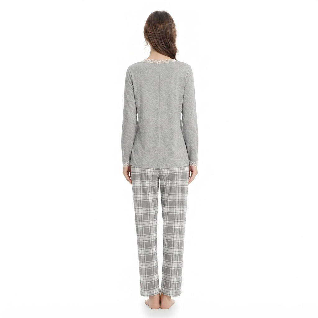 JOANNA 246696T Long Sleeve Pajama Set with Plaid Trousers