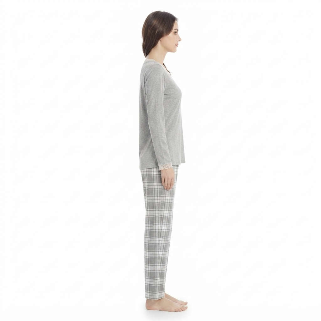 JOANNA 246696T Long Sleeve Pajama Set with Plaid Trousers