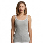 A woman wearing a light gray heather scoop-neck tank top with white lace trim along the neckline, shown against a plain white background.