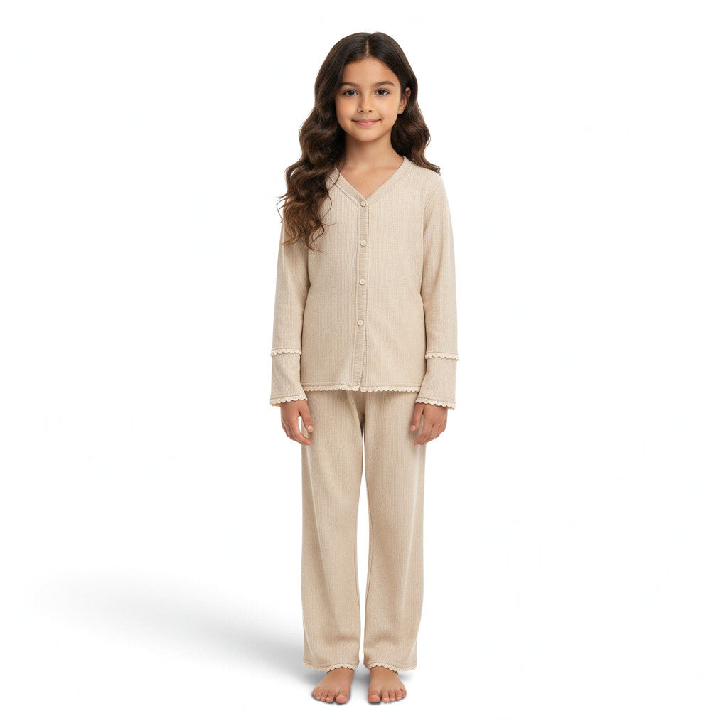 A young girl wearing a JOANNA FASHION beige two-piece pajama set with button-down top and scalloped lace trim.