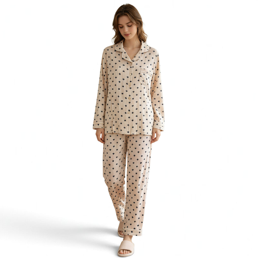 JOANNA FASHION women's long sleeve button-down pajama set in beige with a black heart print and notched collar.