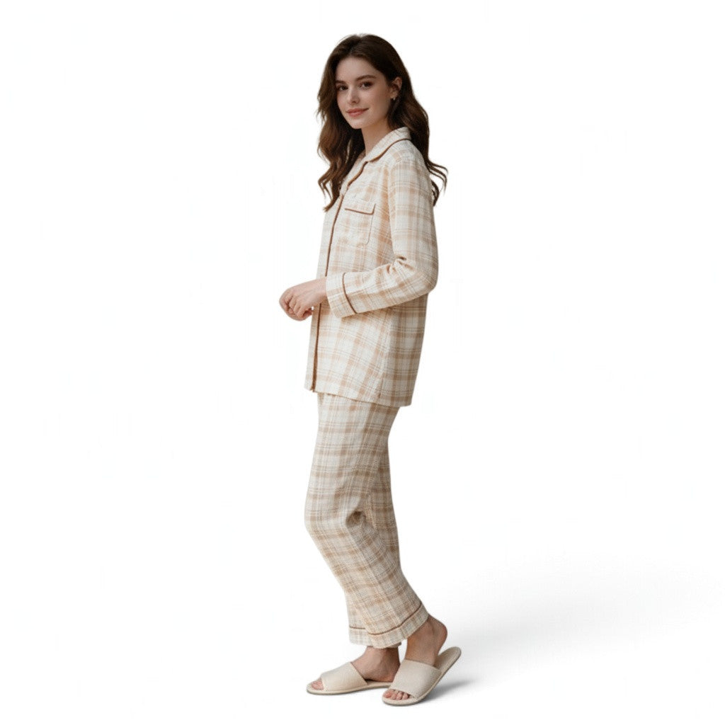 JOANNA FASHION beige plaid button-down pajama set with long sleeves and piping details worn by a woman.