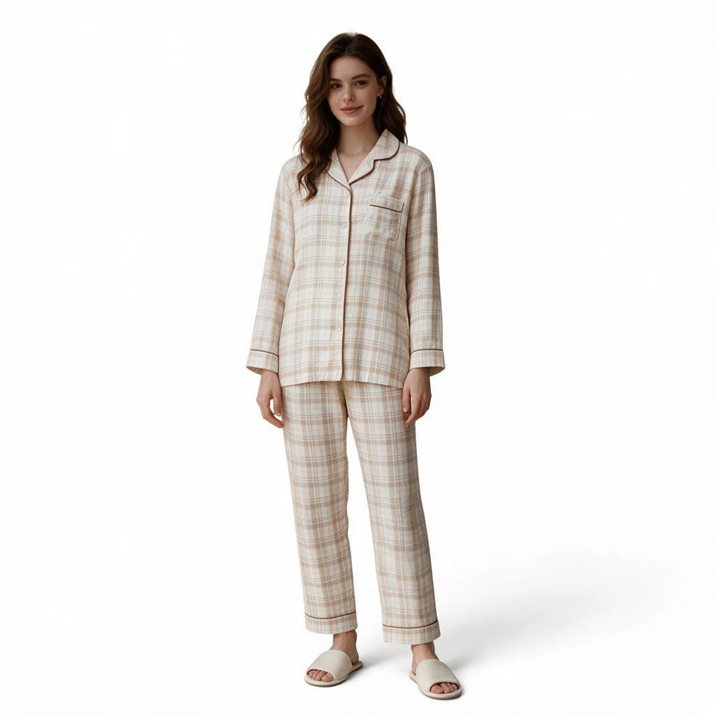 JOANNA FASHION beige plaid button-down pajama set with long sleeves, notched collar, and piping on a female model.