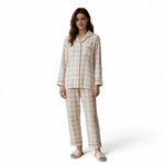 JOANNA FASHION beige plaid button-down pajama set with long sleeves, notched collar, and piping on a female model.