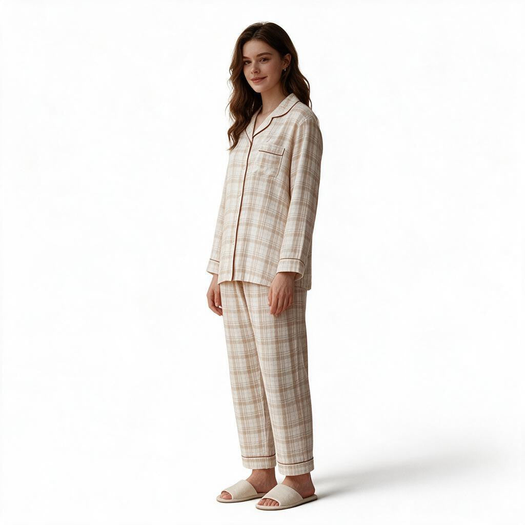 JOANNA FASHION beige plaid button-down pajama set with long sleeves, notched collar, and piping on a smiling woman.