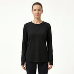 JOANNA FASHION black long sleeve crewneck loungewear top with thumbhole cuffs on a model
