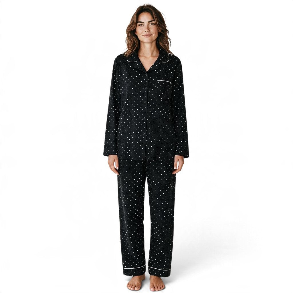 JOANNA FASHION black polka dot pajama set with button-down top, notched collar, and contrast piping on a model
