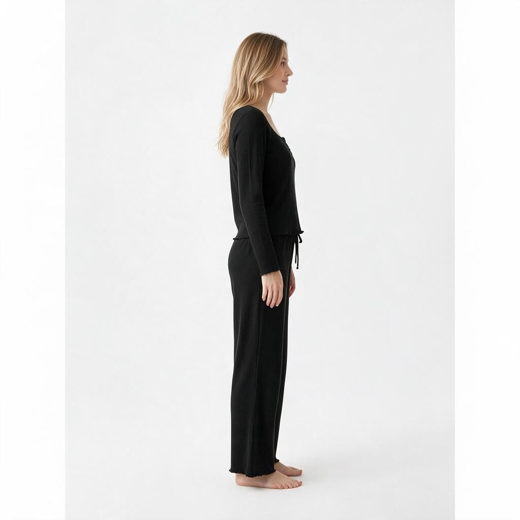 Side view of a woman wearing a black JOANNA FASHION ribbed long sleeve lounge set with lettuce-edge trim.