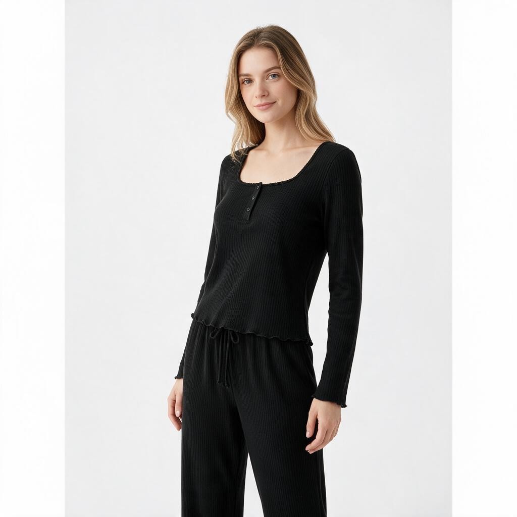 JOANNA FASHION black ribbed lounge set with long sleeves, scoop neck, button detail, and lettuce-edge trim.