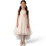 A girl wearing a JOANNA FASHION blush pink sleeveless formal dress with a lace bodice, floral waist, and tulle skirt.