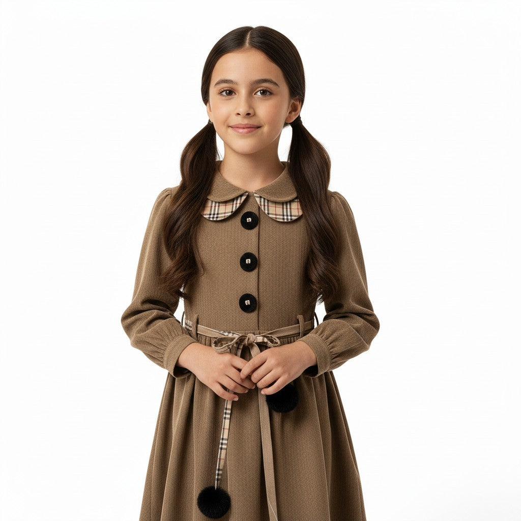 JOANNA FASHION brown long sleeve dress with Peter Pan plaid collar, floral buttons, and pom-pom tie-waist belt.
