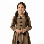 JOANNA FASHION brown long sleeve dress with Peter Pan plaid collar, floral buttons, and pom-pom tie-waist belt.