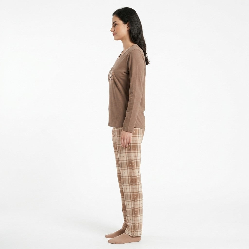 JOANNA FASHION women's brown long sleeve pajama set with heart graphic top and plaid trousers, side view