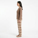 JOANNA FASHION women's brown long sleeve pajama set with heart graphic top and plaid trousers, side view