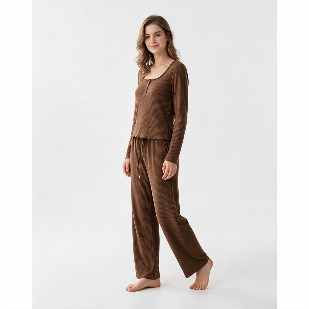 A model wearing a JOANNA FASHION brown ribbed long-sleeve lounge set with lettuce-edge trim and wide-leg trousers.