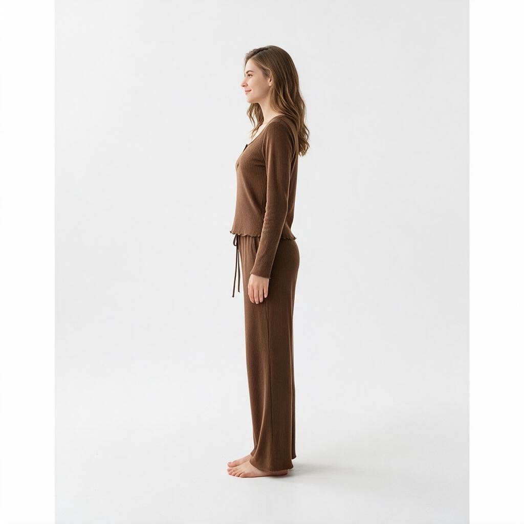 JOANNA FASHION brown ribbed lounge set with long sleeves, lettuce-edge trim, and wide-leg pants on a female model