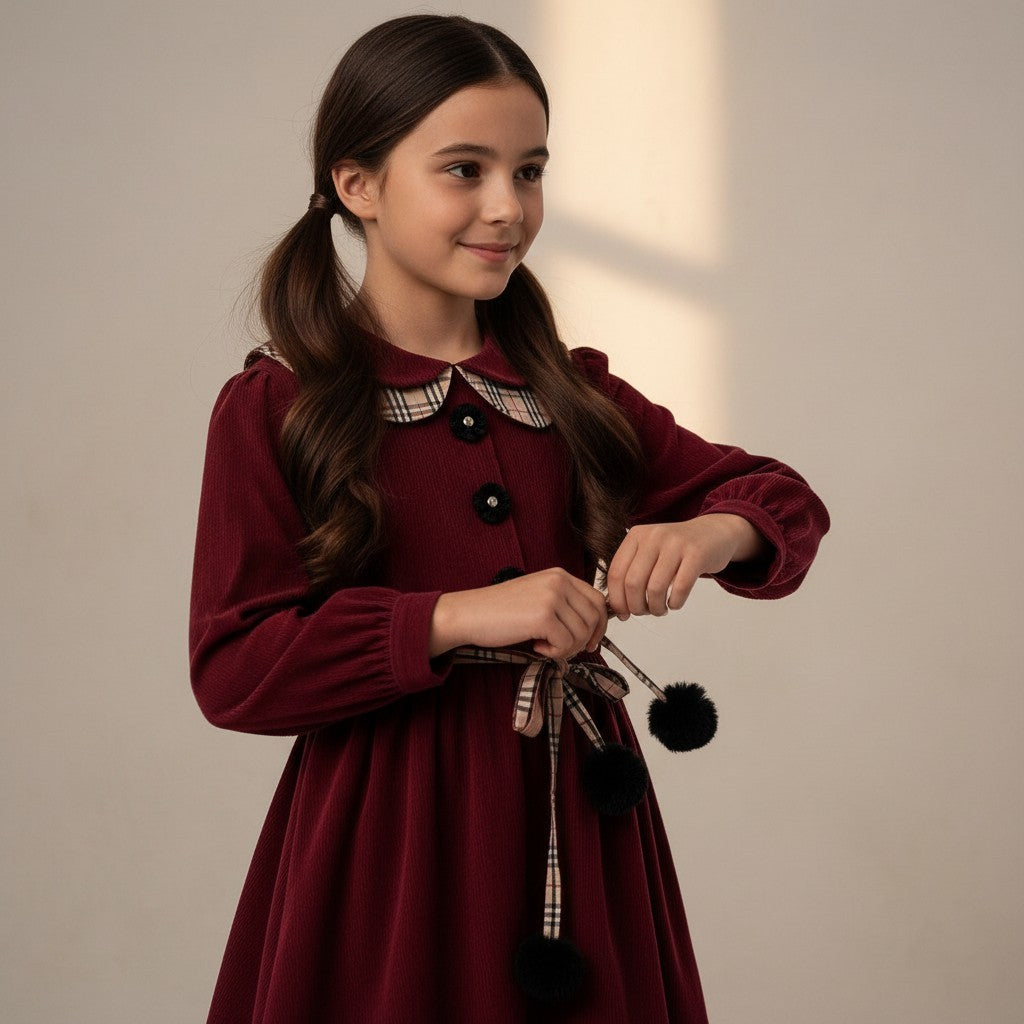 JOANNA FASHION long sleeve burgundy dress with Peter Pan collar, floral buttons, and pom-pom tie belt on a young girl