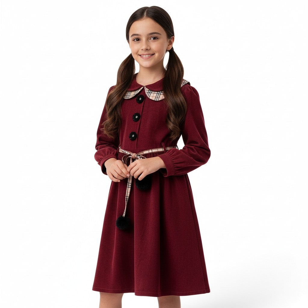JOANNA FASHION burgundy long sleeve dress with plaid Peter Pan collar, floral buttons, and pom-pom tie-waist belt.