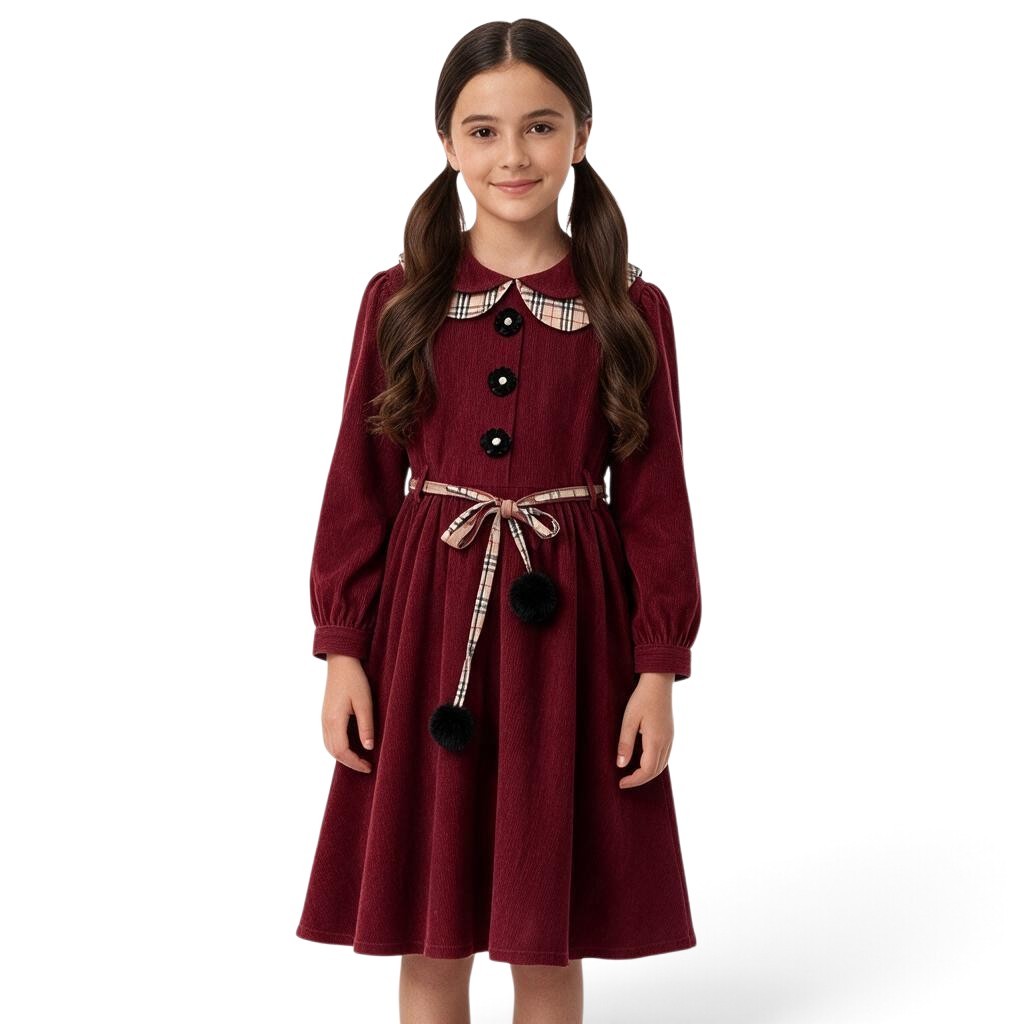 JOANNA FASHION burgundy long sleeve dress with Peter Pan collar, floral buttons, and plaid pom-pom waist belt.