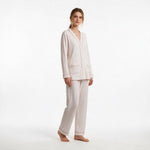 JOANNA FASHION long sleeve pajama set with button-down top, V-neck, and subtle print in soft cream and pink tones.