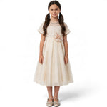 JOANNA FASHION girl in a champagne formal dress with lace bodice, short sleeves, floral waist accent, and tulle skirt.