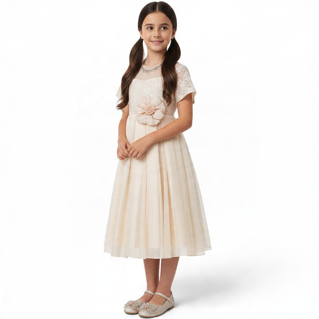JOANNA FASHION champagne formal dress for girls with lace bodice, floral waist detail, and layered tulle skirt.