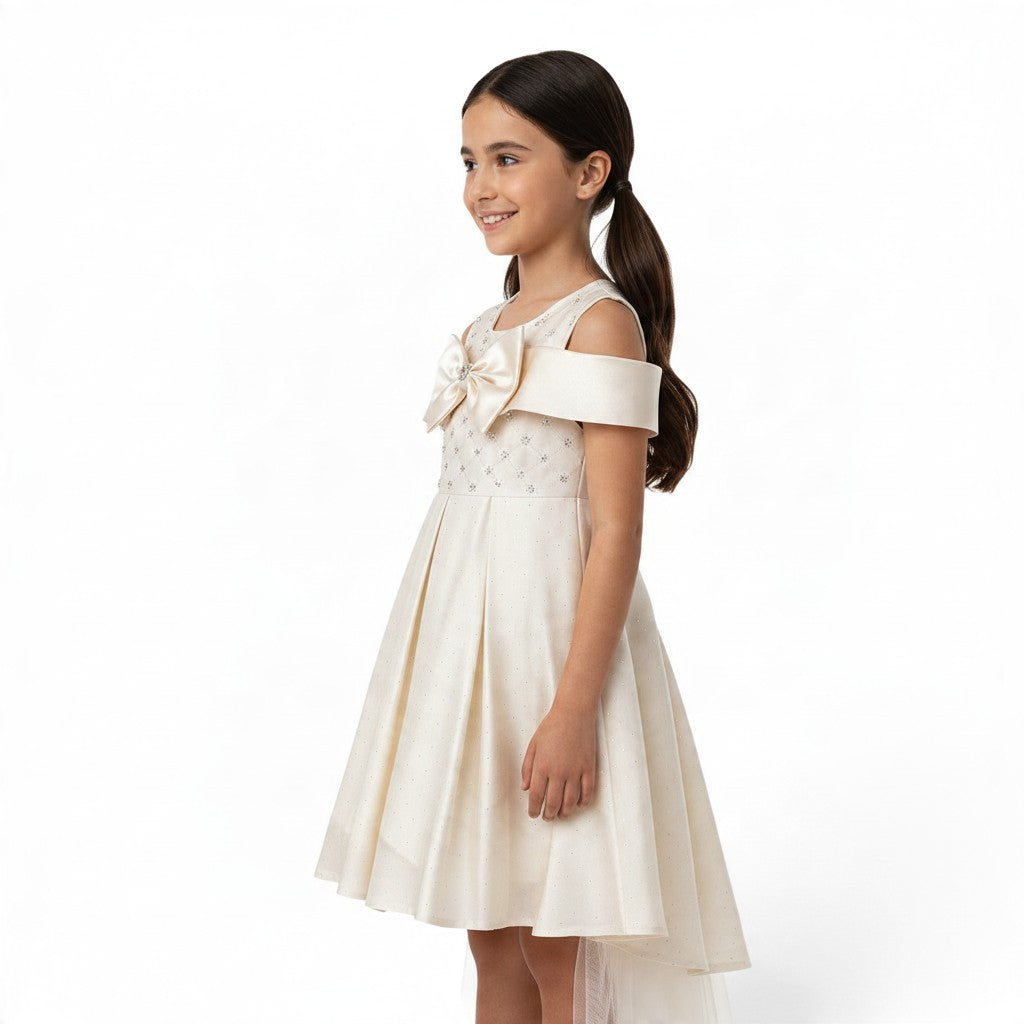 JOANNA FASHION cream formal dress for girls with off-the-shoulder sleeves, sparkling bodice, and large chest bow.