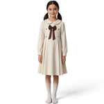JOANNA FASHION cream long-sleeve dress with Peter Pan collar, brown bow, and pleated skirt on a young girl