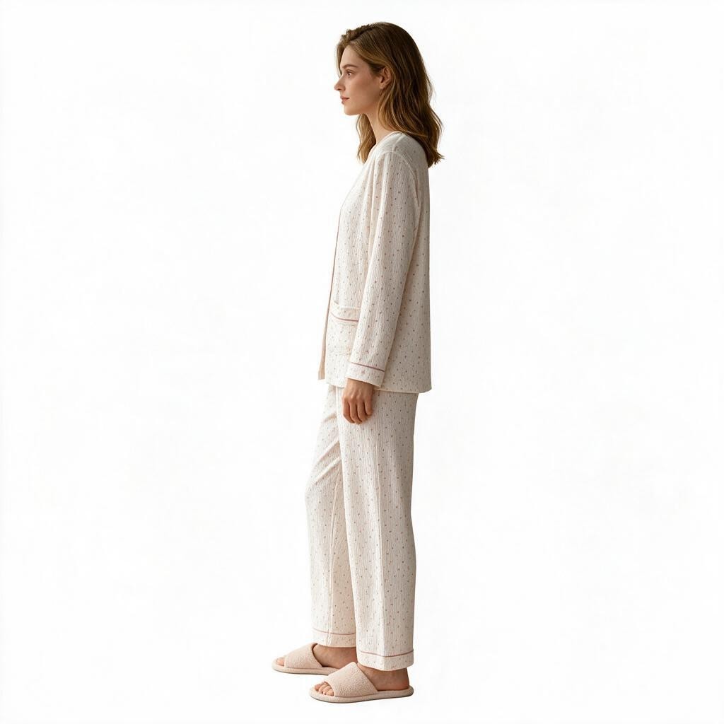 JOANNA FASHION long sleeve pajama set in cream with subtle print, button-down top, and matching relaxed fit pants.