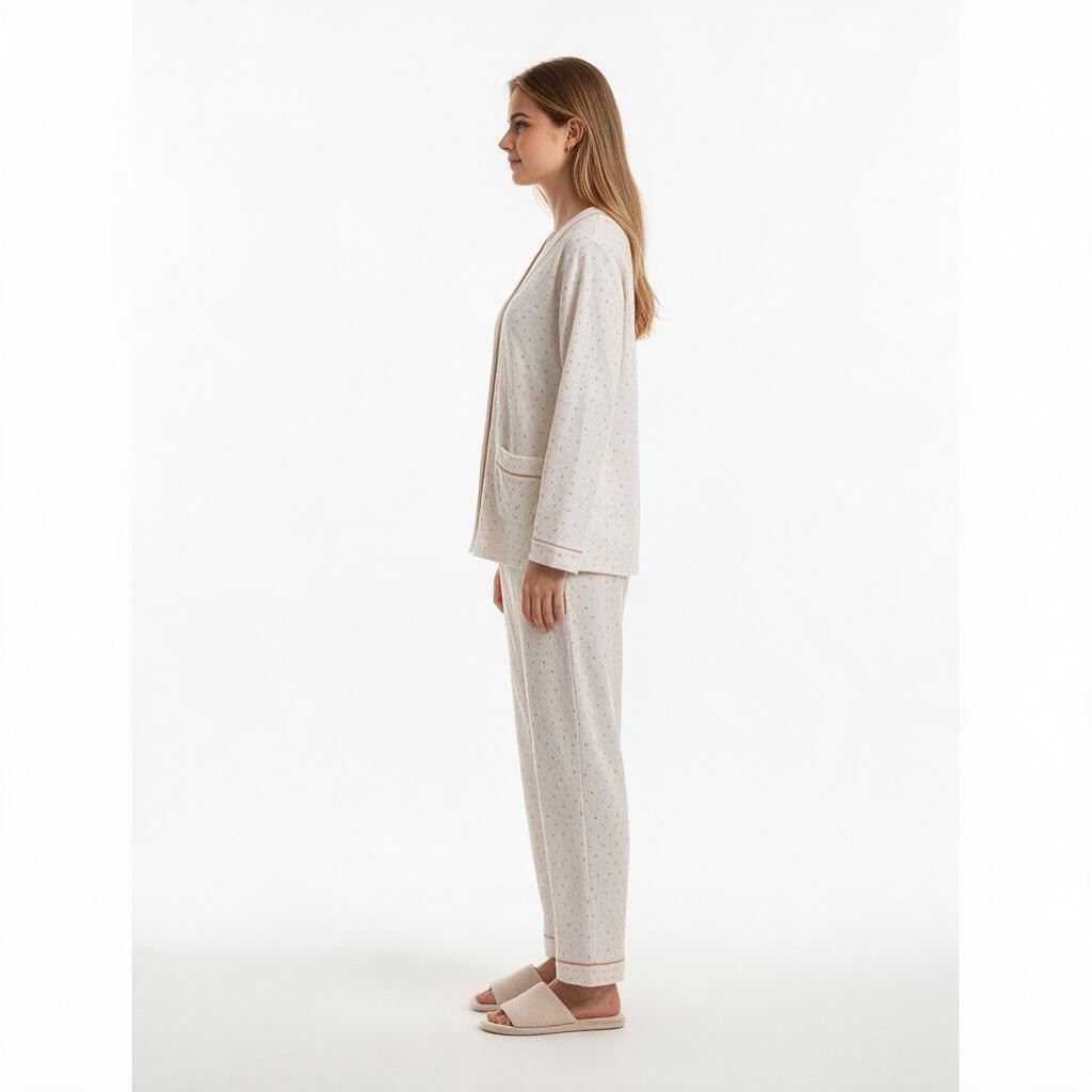 JOANNA FASHION long sleeve button down pajama set in cream with subtle print and delicate piping, side view
