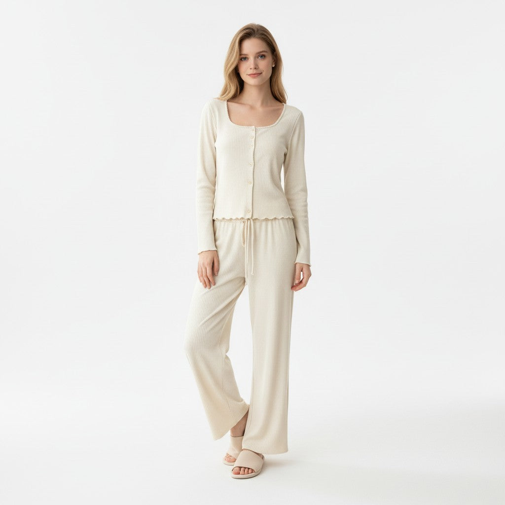 JOANNA FASHION cream ribbed lounge set with button-front long sleeve top and wide-leg trousers on a female model