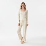 JOANNA FASHION cream ribbed lounge set with button-front long sleeve top and wide-leg trousers on a female model