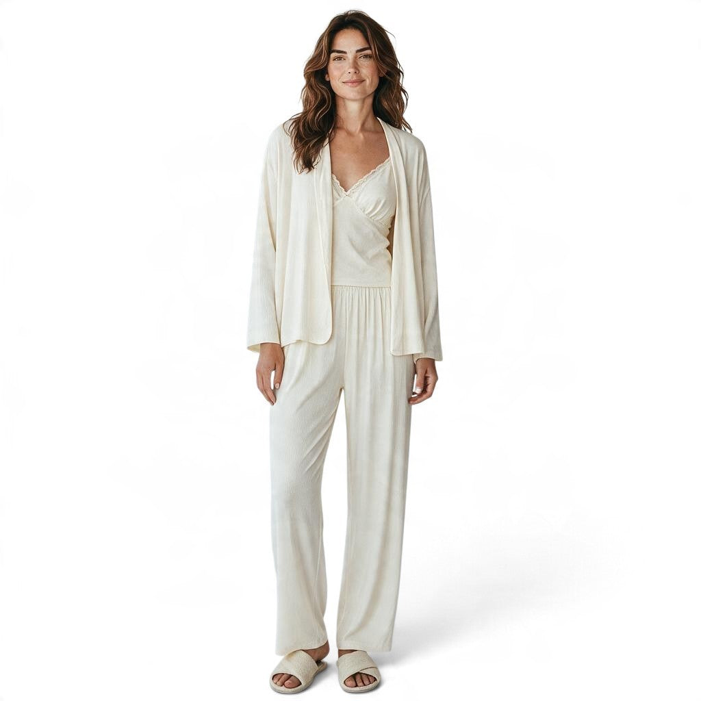 JOANNA FASHION cream ribbed three-piece lounge set with lace-trimmed camisole, wide-leg pants, and open-front cardigan