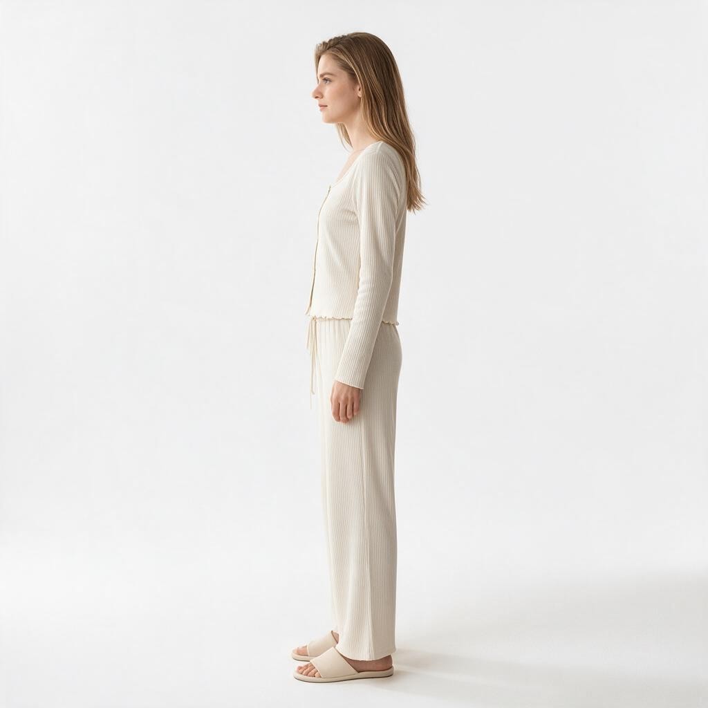 Model wearing a JOANNA FASHION cream ribbed long sleeve lounge set with lettuce-edge trim and wide-leg trousers.