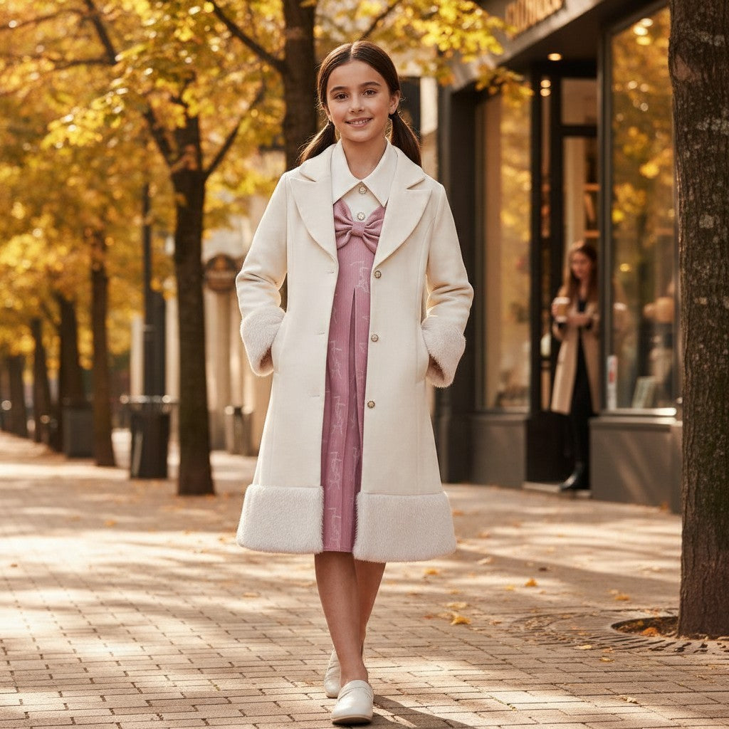 JOANNA FASHION girls cream wool-blend coat with faux-fur trim worn over a pink formal dress on a tree-lined street