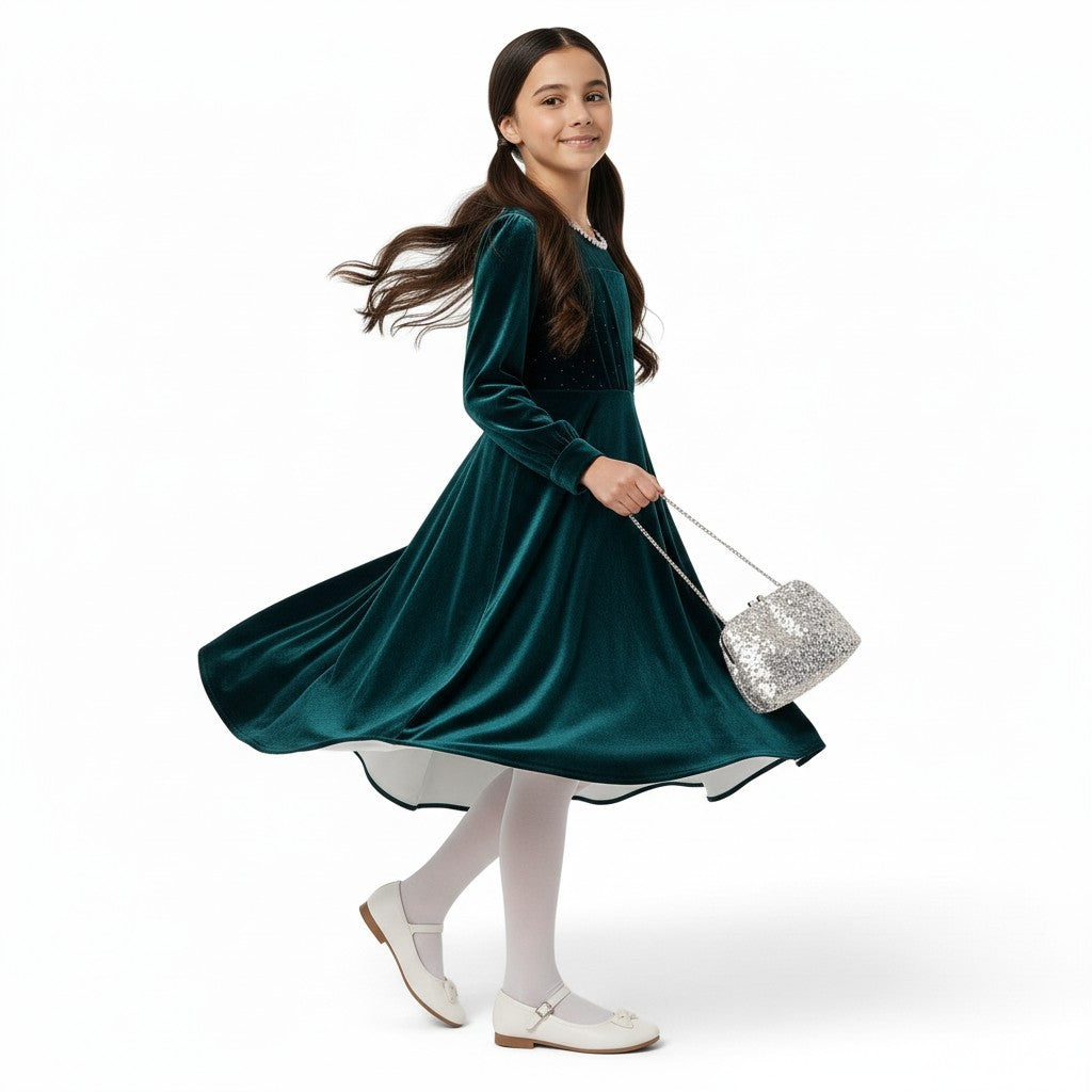 JOANNA FASHION girl in a deep emerald green velvet high-low dress with sparkling bodice and pearl trim, twirling.