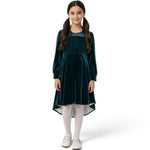JOANNA FASHION emerald green velvet high-low dress with sparkling bodice and pearl-trimmed sheer neckline on a girl